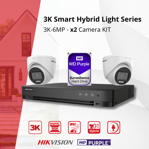 [TVIKIT3K-T2] HIKVISION Set 3K Dual Light  - 2x Turret Camera  3K(6MP) Dual Light Audio  Indoor/Outdoor- DVR 8 Channel -  1TB HDD