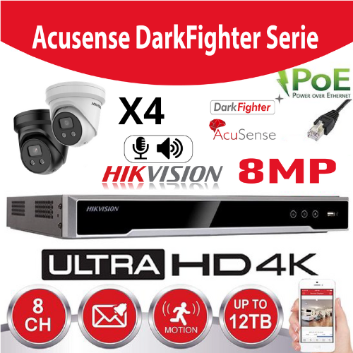 Hikvision Set IP-Acusense G2 Serie 4x DS-2CD2386G2-IU 2.8mm 8 mégapixels (4K) Tourelle Avec microphone + enregistreur NVR 8channel DS-7608NI-K2/8P 