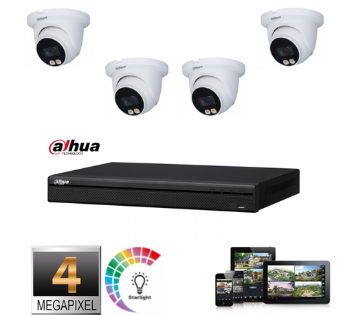 [IPDHKIT-PRO01] DAHUA  IP 4MP Full Color Set 4x Camera Full Color Audio Turret 4 megapixel 2.8mm-IR 20M + HDD Preinstalled 2TB