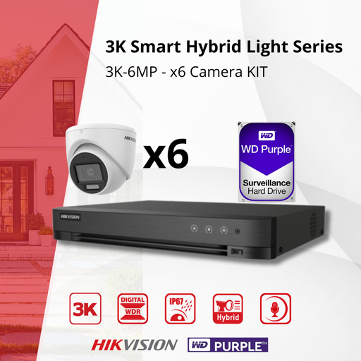 [TVIKIT3K-T6] HIKVISION Set 3K Dual Light - 6x Turret Camera 3K (6MP) Dual Light Audio Binnen/Buiten - DVR 8-kanaals - 4TB HDD