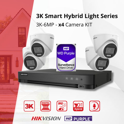 [TVIKIT3K-T4] HIKVISION Set 3K Dual Light - 4x Turret Camera 3K(6MP) Dual Light Audio Indoor/Outdoor- DVR 8 Channel - 2TB HDD