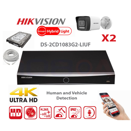 [KITIPHIK-MD-203] HIKVISION Camera Kit Smart Hybrid G2 Series  2x IP Camera  Bullet 8MP -   NVR 8xChannel - Hard Disk 2Tb Extensible To Max 8x IP Camera