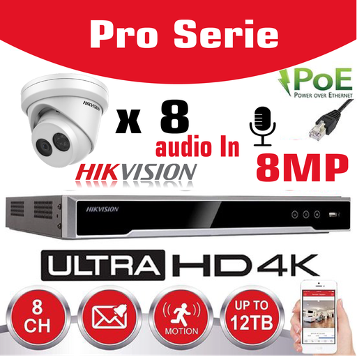 [IPSET-HK-LT8M-8T] Hikvision IP-Kit 8x Camera 8MP IR / Essential Serie - 8x DS-2CD2383G0-IU Audio Turret Camera IR Standard 20m - recorder NVR DS-7608NI-Q1/8P 8channel - 6TB Hard Disk installed