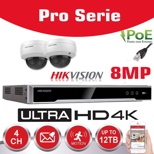 [IPSET-HK-LT8M-2D] Hikvision IP-Kit 2x Caméra 8MP IR / Essential Serie - 2x DS-2CD2183G0-IU Caméra Dôme Audio IR Standard 30m - enregistreur NVR DS-7608NI-Q1/8P 8 canaux - Disque dur 2 To installé