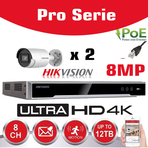 [IPSET-HK-LT8M-2D] HIKVISION 8MP Surveillance Camera Kit  Pro Serie - NVR 4Ch  4K UHD IP POE - 2x 8MP IP Bullet CAMERA Pro-Serie In/Outdoor Night Vision IR Up to 30m  Hard Disk In Option
