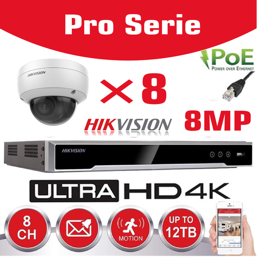 [IPSET-HK-LT8M-8D] Hikvision IP-Kit 8x Caméra 8MP IR / Essential Serie DS-2CD2183G0-IU Caméra Dôme Audio IR Standard 30m - enregistreur NVR DS-7608NI-Q1/8P 8 canaux - Disque dur 6 To installé