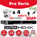 HIKVISION 8MP Surveillance Camera Kit  Pro Serie - NVR 8Ch  4K UHD IP POE - 4x 8MP IP TURRET CAMERA Pro-Serie In/Outdoor Night Vision IR Up to 30m - 2TB HDD Storage 