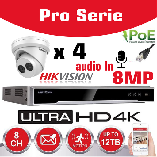 [IPSET-HK-LT8M-4T] Hikvision IP-Kit 4x 8MP IR Camera / Essential Series - 4x DS-2CD2383G0-IU Standard 20m IR Audio Turret Camera - 8-channel DS-7608NI-Q1/8P NVR recorder - 4 TB Hard Drive installed