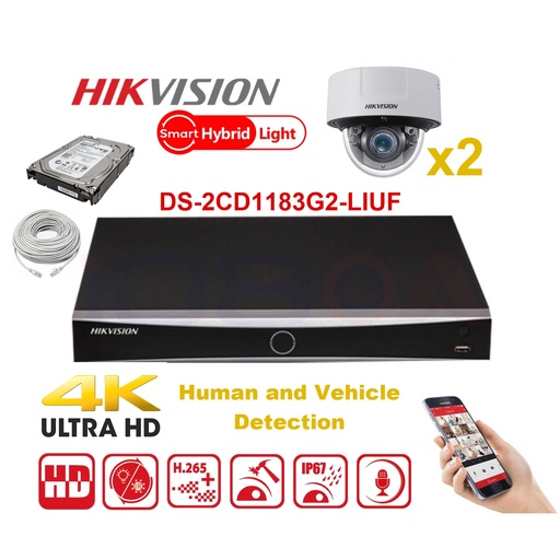 [KITIPHIK-MD-202] HIKVISION Camera Kit Smart Hybrid G2 Series  2x IP Camera  Dome 8MP -   NVR 8xChannel - Hard Disk 2Tb Extensible To Max 8x IP Camera