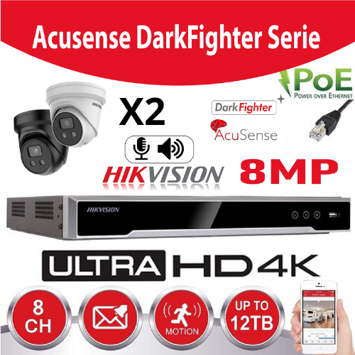 Hikvision Set IP-Darkfighter - Acusense G2 Series 2x DS-2CD2386G2-IU -2.8mm 8 megapixel (4K) Turret Buit In  microphone + recorder NVR 8channel DS-7608NI-K2/8P - Hard Disk 2Tb