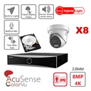 HIKVISION Camera Kit Acusense - Smart Hybrid Light with ColorVu Serie -  8x IP Camera Turret 4k-8MP Active strobe light and audio alarm -NVR Acusense NXI Series 8xChannel With POE - Hard Disk 6Tb Extensible To Max 8x IP Camera 