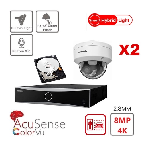 [IPKIT-G2H4K-2DD4TB] HIKVISION Camera Kit Acusense - Smart Hybrid Light with ColorVu Serie -  2x IP Camera Dome 4k-8MP  built-in audio  -NVR Acusense NXI Series 8xChannel With POE - Hard Disk 4Tb Extensible To Max 8x IP Camera