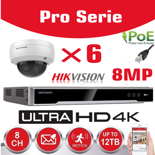 [IPSET-HK-LT8M-6D] Hikvision IP-Kit 6x Caméra 8MP IR / Essential Serie DS-2CD2183G0-IU Caméra Dôme Audio IR Standard 30m - enregistreur NVR DS-7608NI-Q1/8P 8 canaux - Disque dur 4 To installéo