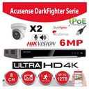 Hikvision Set IP-Darkfighter - Acusense G2 Series 2x DS-2CD2366G2-IU 2.8mm 8 mégapixels Tourelle Avec microphone + enregistreur NVR 8channel DS-7608XI-K1/8P -Disque dur  2Tb Preinstallé