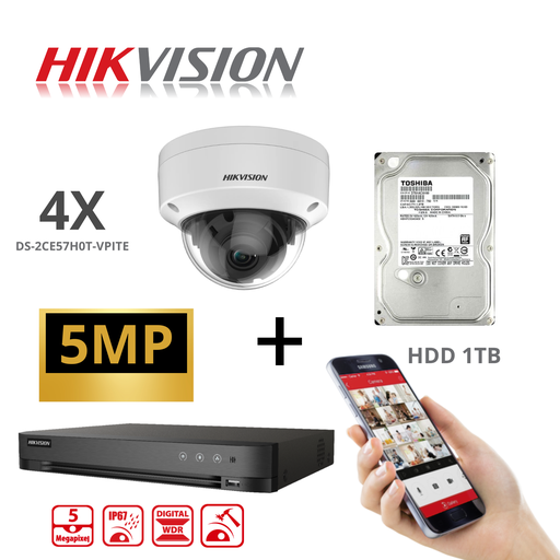 [TVIKIT5MPVPIT-4] KIT HIKVISION 5 MP HDTVI Full HD 4K DVR 4-kanaals H.265 + 4x Dome  5MP DS-2CE57HOT-VPIT 2.8mm+ 2 TB HDD