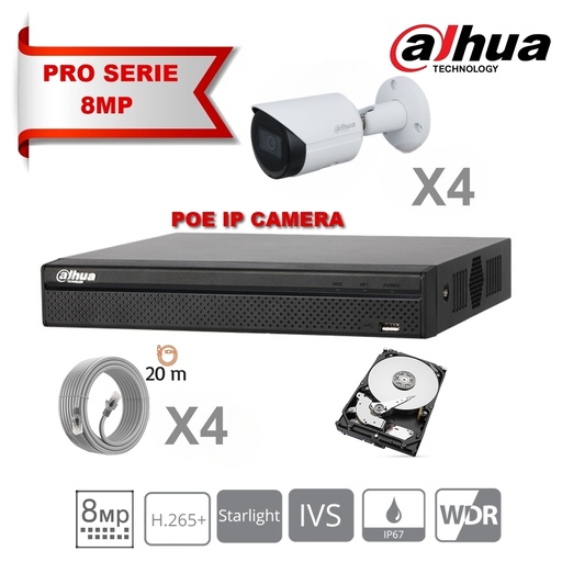 [IPDH-LT8M-4B] DAHUA Lite Kit Serie IP 8MP 4x Camera Bullet DH-IPC-HFW2831SP-S-S2 Vaste 2,8 mm IR 30M + 8 kanalen POE NVR + 4TB harde schijf speciale bewaking