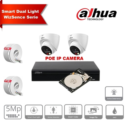 [IPDH-DLW2T-5M] DAHUA Smart Dual Light 5MP Active Deterrence WizSense Series 30m IP-camerakit: 2x 5 Megapixel 2,8mm camera's + 8-kanaals POE NVR + 2 TB max. 8 CAMERA'S.