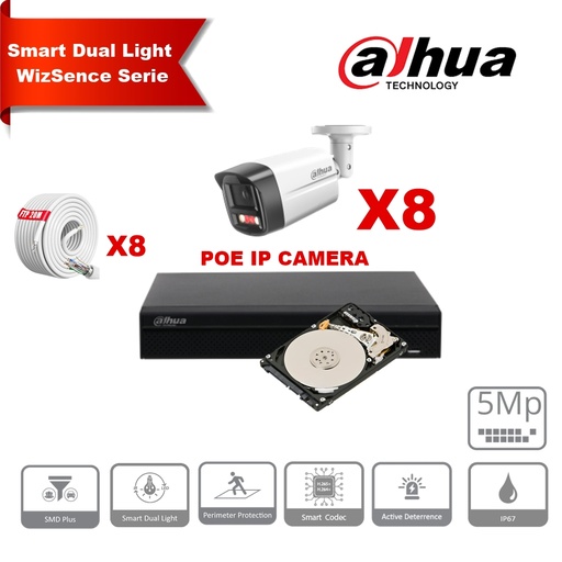 [IPDH-DLW8B-5M] Kit de caméras IP DAHUA Smart Dual Light WizSense Active Deterrence  Series 30 m - 8 caméras Bullet 5 mégapixels 2,8 mm + NVR POE 8 canaux + 4To 