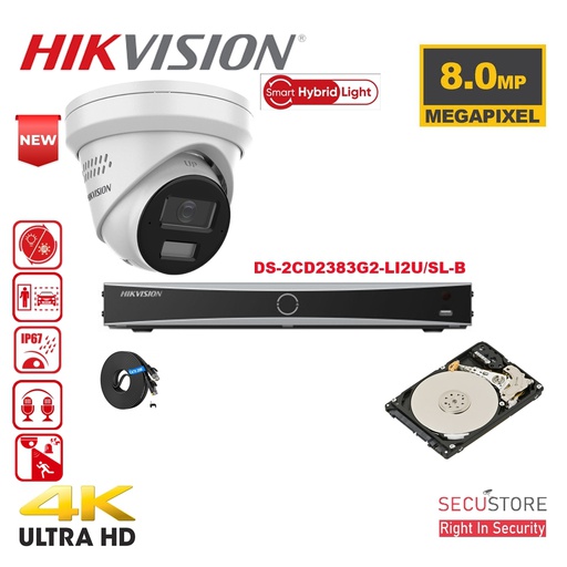 [IPKIT04-T4W] HIKVISION Acusense Camera Kit Up to 4x - Smart Hybrid Lighting - 4K-8MP White IP Turret Camera with Active Strobe Light and Audio Alarm - Dual Microphones - Acusense NXI Series 4x Channel NVR with PoE for up to 4x IP Cameras