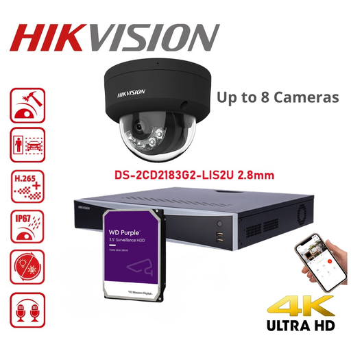 HIKVISION IP AcuSense 4K Video Surveillance Kit – 8 MP – Up to 8 cameras – PoE – 4TB HDD – Black DS-2CD2183G2-LI2U IP 4K 8 MP Dome cameras with Smart Hybrid Light, active deterrence, and audio.
