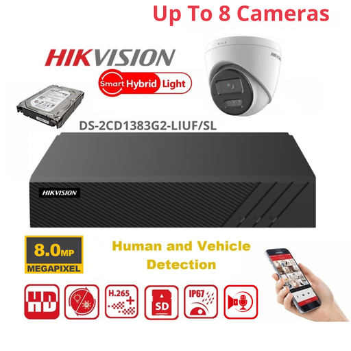 HIKVISION 8MP-bewakingscameraset – Tot 8x 8MP Dual-Light Turret-camera's (DS-2CD1383G2-LIUF-SLU/SL), 8-kanaals PoE-NVR (Lite-serie) – Vooraf geïnstalleerde 4TB-harde schijf