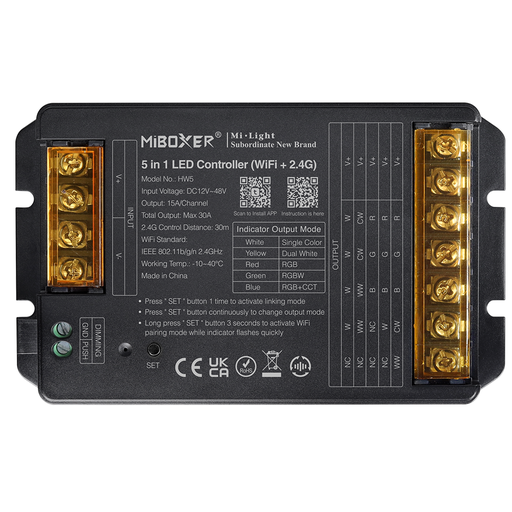 [HW5] Mibox HW5 5-in-1 RGB+CCT LED-controller (WiFi+2.4G) Max. uitgangsstroom 30A DC12~48V 15A/Max. kanaaluitgang 30A