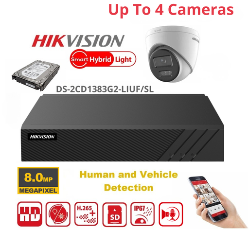 HIKVISION Kit caméras de surveillance 8MP - Jusqu'à 4x Camera Turret (DS-2CD1383G2-LIUF/SL) 8MP Dual Light NVR Lite Serie PoE 4 canaux - Disque dur 2To préinstallé
