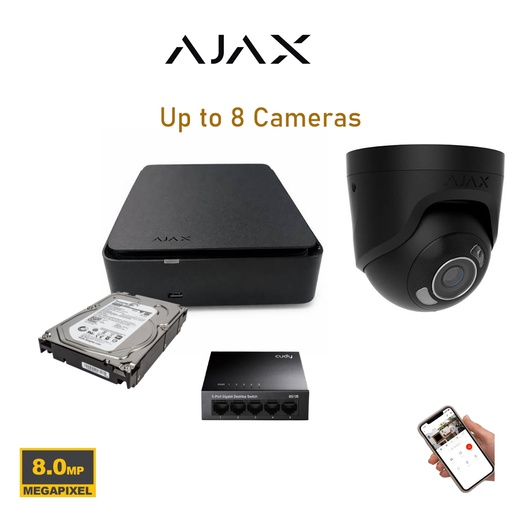 Kit AJAX Vidéosurveillance 8MP  Jusqu'à 8 Caméras Turret Dual Light + NVR PoE 8CH + HDD 4 To