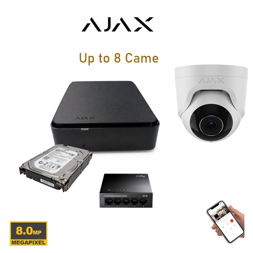 AJAX 8MP-videobewakingsset met maximaal 8 Dual Light Turret-camera's + 8-kanaals PoE-NVR + 4TB HDD