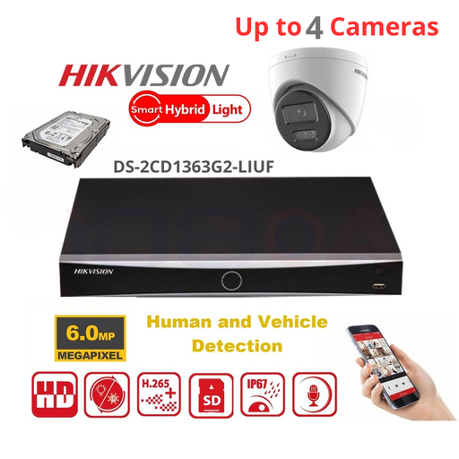 HIKVISION 6MP-bewakingscameraset – Tot 4x 6MP Dual-Light Turret-IP-camera  (DS-2CD1363G2-LIUF) – Lite-serie 4-kanaals PoE-NVR – Vooraf geïnstalleerde 2TB-harde schijf