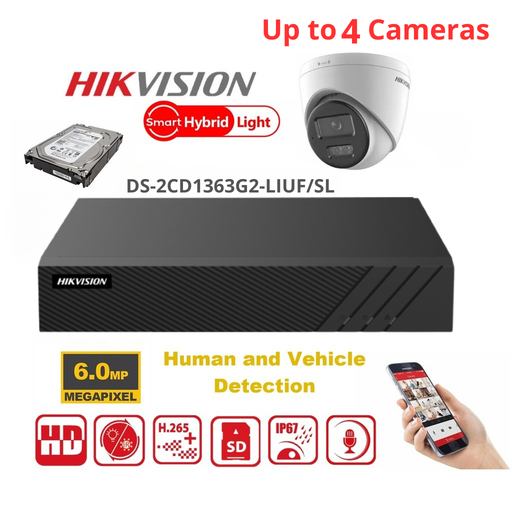 HIKVISION Kit caméras de surveillance 6MP - Jusqu'à 4x Camera   Tourelle  (DS-2CD1363G2-LIUF) 6MP Dual Light NVR Lite Serie - NVR PoE 4 canaux - Disque dur 2To préinstallé 