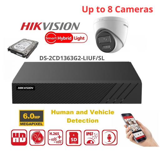  HIKVISION 6MP-bewakingscameraset – Tot 8x 6MP Dual-Light Turret-IP-camera  (DS-2CD1363G2-LIUF) – Lite-serie 8-kanaals PoE-NVR – Vooraf geïnstalleerde 4TB-harde schijf
