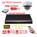 Hikvision IP Kit – 6 MP infrared cameras / Essential Series – DS-2CD1163G2-LIUF dome cameras (Dual Light technology, 30m IR range, built-in audio) – 8-channel NVR (DS-7608NXI-K1/8P) – 2 TB hard drive included; supports up to 8 cameras