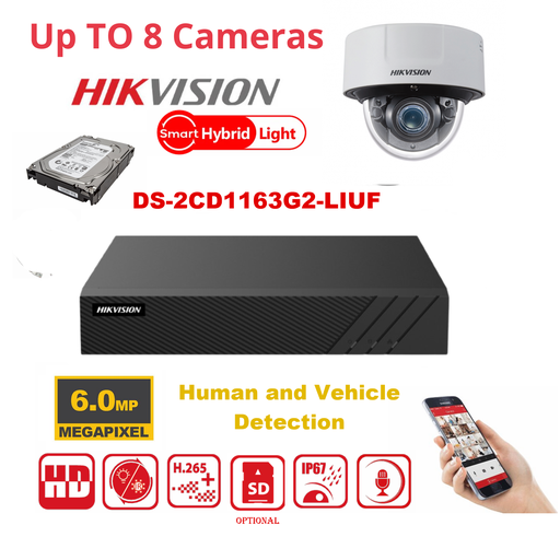 Hikvision IP-kit – 6 MP infraroodcamera's / Essential-serie – DS-2CD1163G2-LIUF domecamera's (Dual Light-technologie, 30 m IR-bereik, geïntegreerde audio) – DS-7608NXI-K1/8P 8-kanaals NVR-recorder – Inclusief 4 TB harde schijf. Tot 8 camera's.