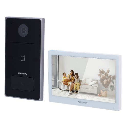 [DS-KIS608-S] Hikvision DS-KIS608-S IP kit IP-PoE video intercom kit, 1x call button, surface mount, 7-inch Wi-Fi touchscreen monitor + 4-port PoE switch