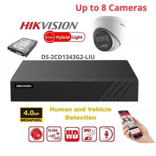 Kit de vidéosurveillance HIKVISION 4 MP – Jusqu'à 8 caméras IP tourelles 4 MP à double éclairage (DS-2CD1343G2-LIU) – NVR PoE 8 canaux (série Lite) – Disque dur de 4 To préinstallé 