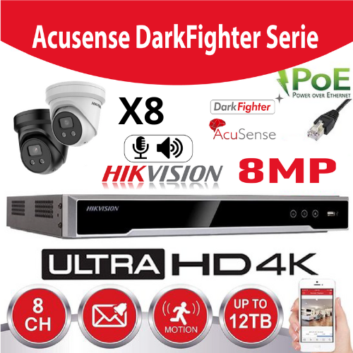 Hikvision IP-Kit Accusense G2 8 x DS-2CD2386G2-IU 8MP Darkfighter / Acusense Audio Turret Camera -  recorder NVR 8channel DS-7608NI-K2/8P - 6TB Hard Disk installed